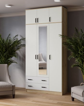 Шкаф Лагуна с антресолью с зеркалом делано/белый (Текс) в Урае - uraj.mebel-e96.ru